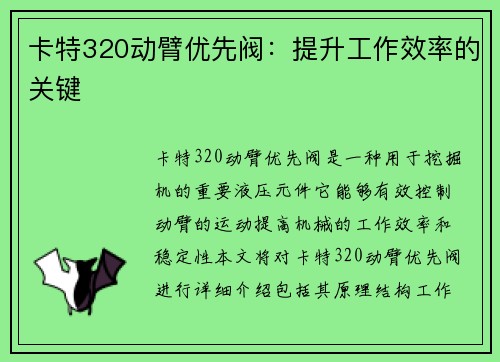 卡特320动臂优先阀：提升工作效率的关键