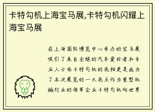 卡特勾机上海宝马展,卡特勾机闪耀上海宝马展