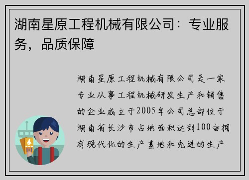 湖南星原工程机械有限公司：专业服务，品质保障